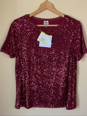 Anne Klein Burgundy Sequin Short Sleeve Top Size M NWT